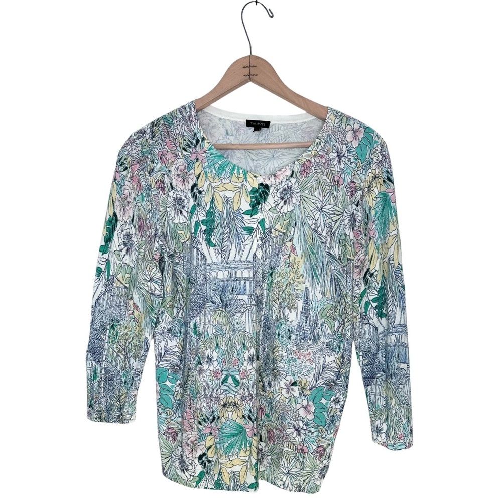 Talbots Botanical Monstera Floral Print Pastel Cardigan Size Medium